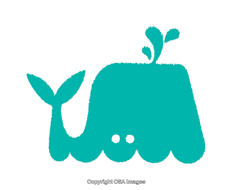 Minimalist Blue Whale Icon with Water Spout on White Background