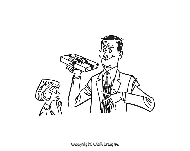 Black And White Retro Line Art Depicting a Man Offering Candy