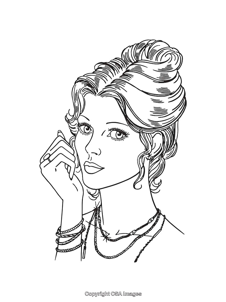 Elegant Line Art Portrait of a Woman with Accessories and Styled Hair