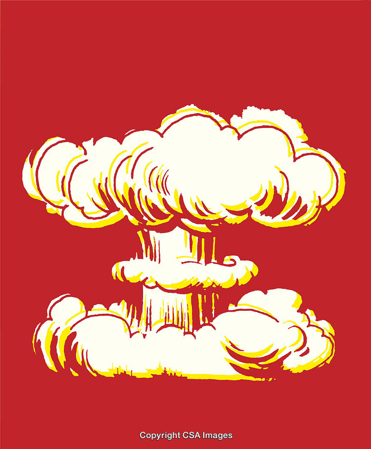 Colorful Line Art Depiction of a Cloud Explosion on a Bold Red Background