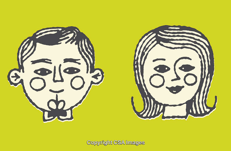 Whimsical Line Art Illustrations of Boy and Girl on Green Background
