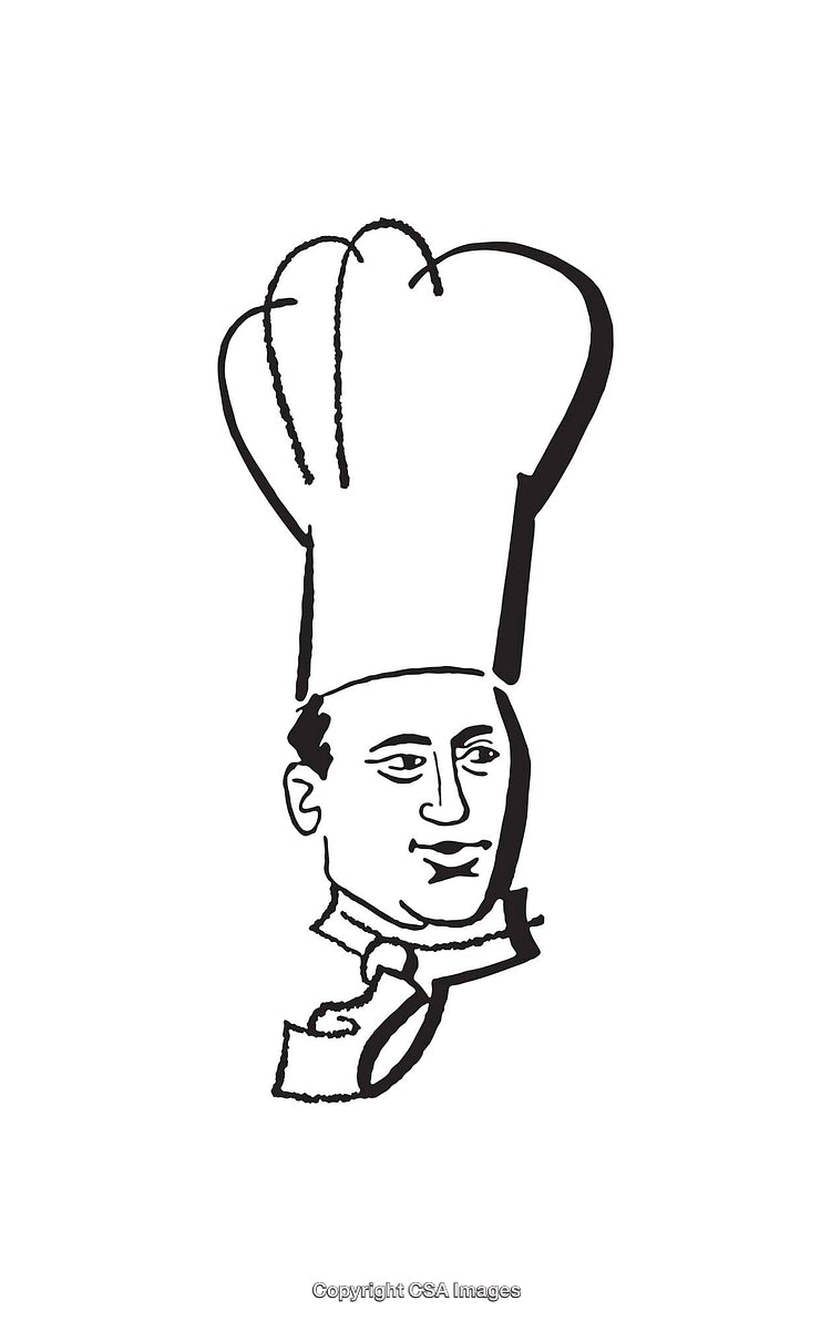 Black and White Line Art Chef Illustration with Hat and Uniform