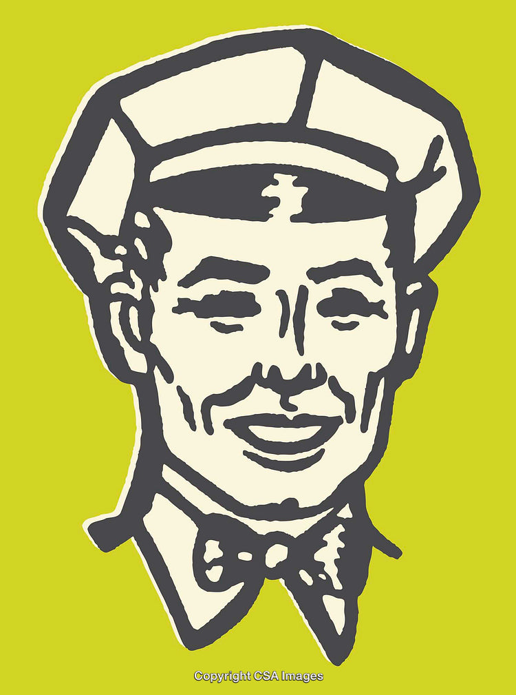 Retro Styled Illustration of a Smiling Man in Uniform and Bowtie