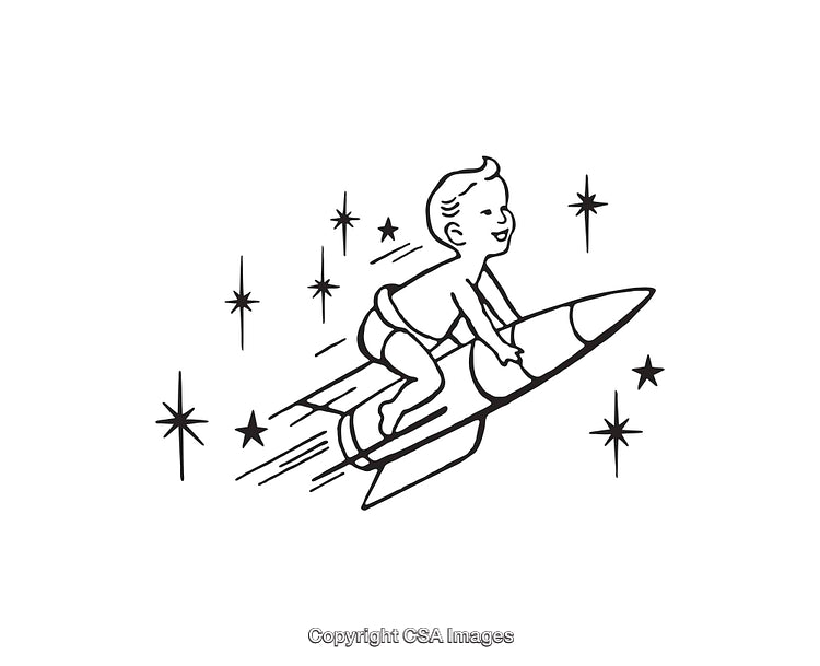 Retro Line Art of Child Traveling Through Space on a Rocket