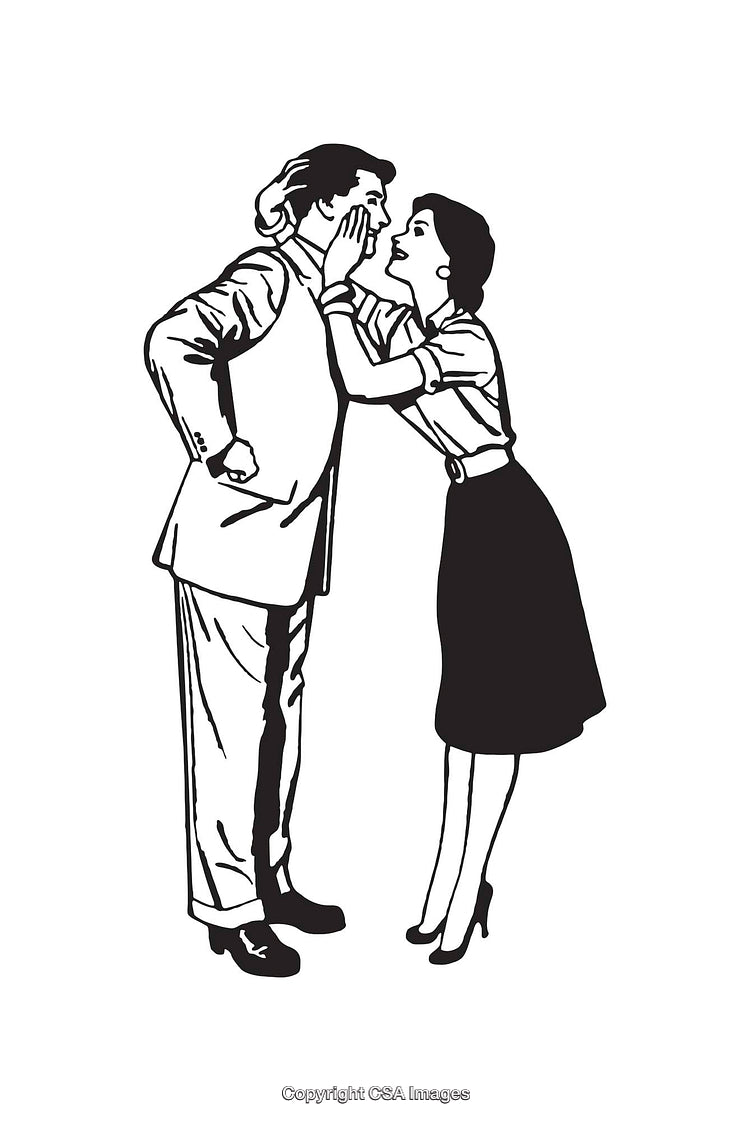 Retro Line Art of Woman Whispering to Man in a Secretive Manner
