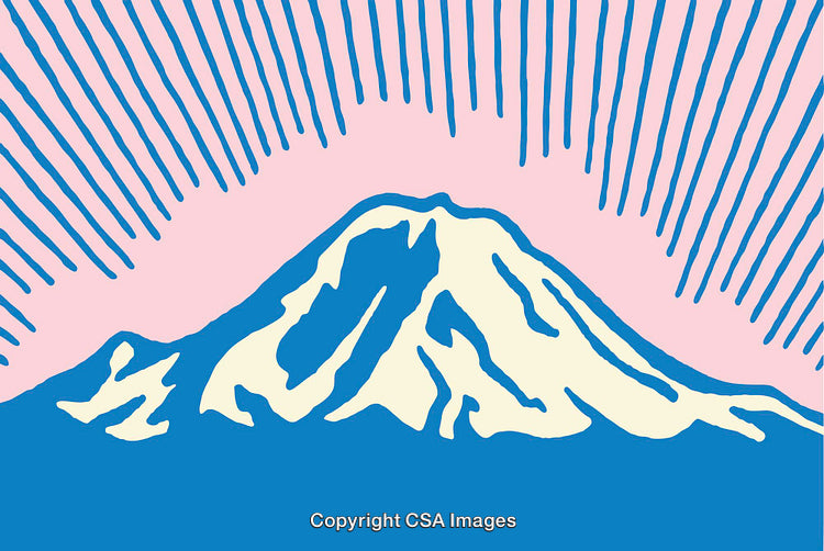 Colorful Abstract Illustration of a Mountain with Radiating Lines and Bold Colors