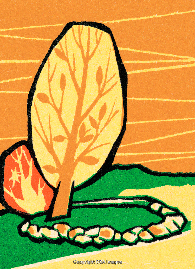 Stylized Autumn Tree Illustration with Rocks and Vibrant Warm Colors