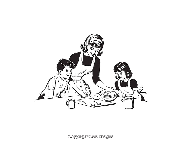Mother and Children Baking Together in Retro Black and White Illustration