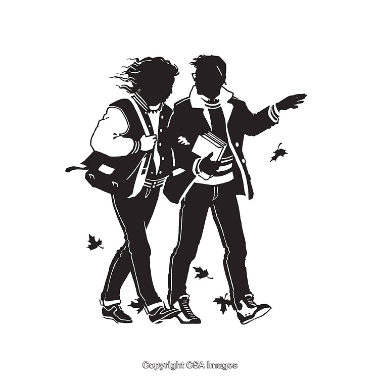 Black and White Line Art of Two People Walking Together Outdoors