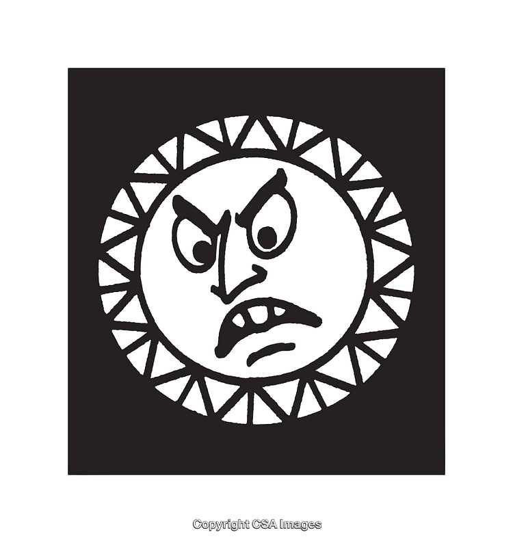 Angry Stylized Sun Icon in Monochromatic Black and White Line Art Design