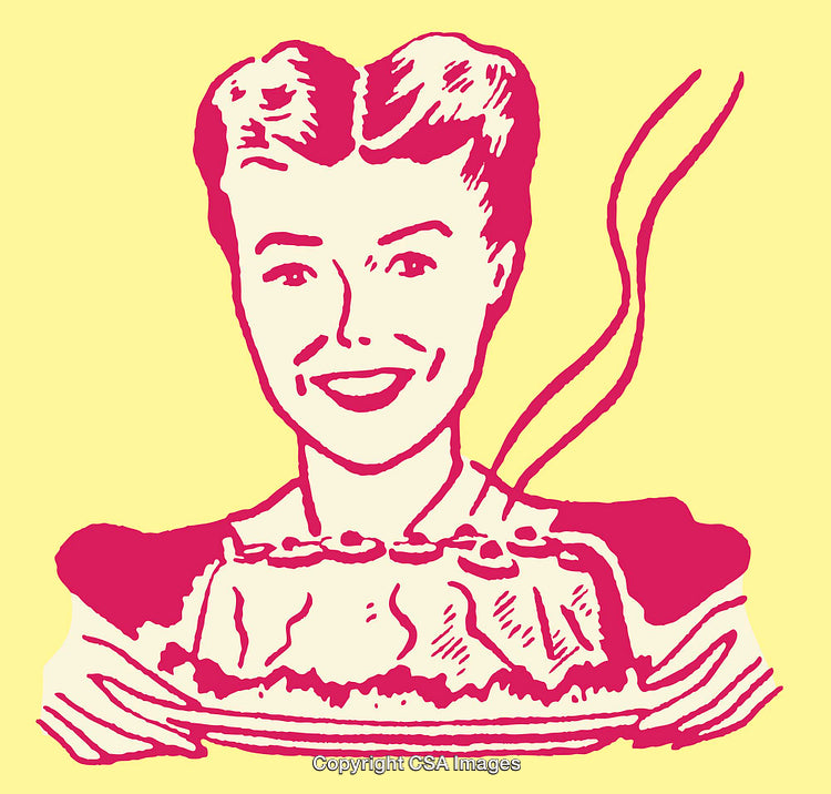 Retro Style Line Art Illustration of Smiling Woman With a Freshly Baked Cake