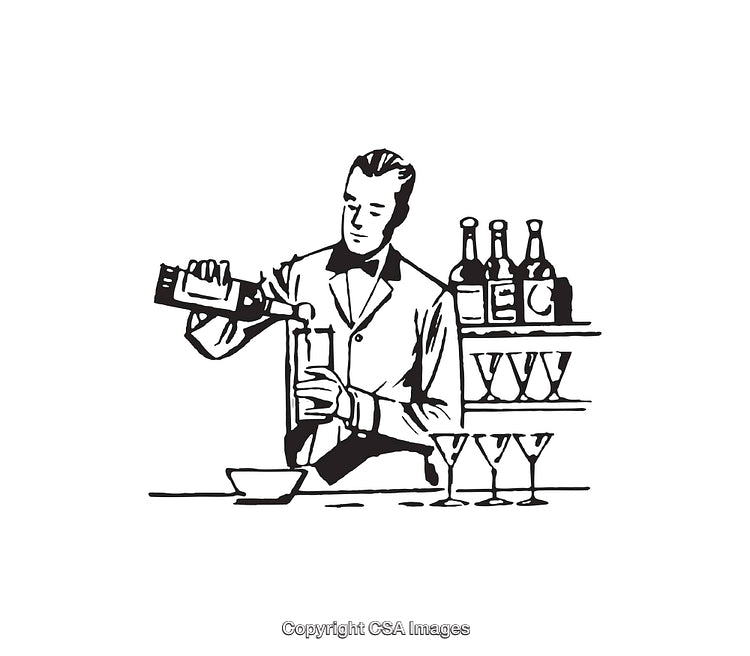 Black and White Illustration of Bartender Mixing Drinks at a Bar