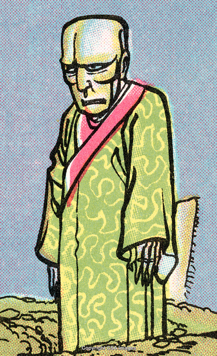 Illustration of a Contemplative Figure in Traditional Robe in Abstract Style