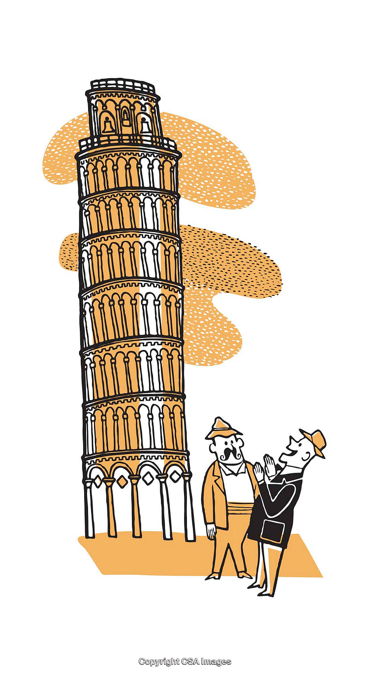 Colorful Illustration of Leaning Tower of Pisa with Tourists