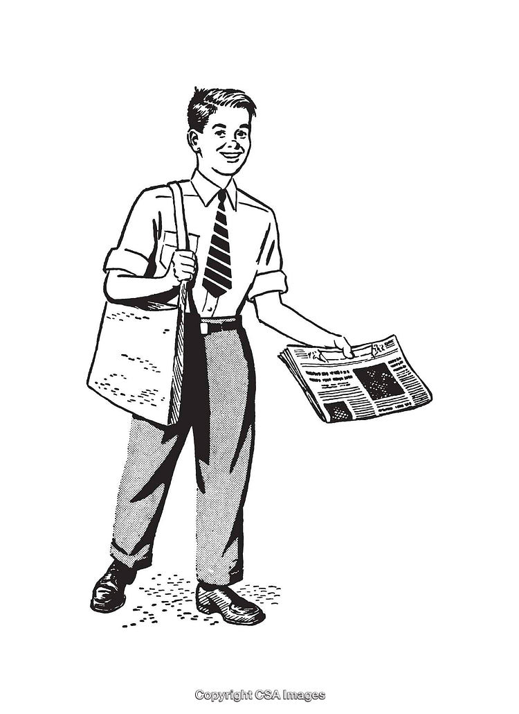 Retro Black and White Illustration of a Smiling Newspaper Delivery Boy