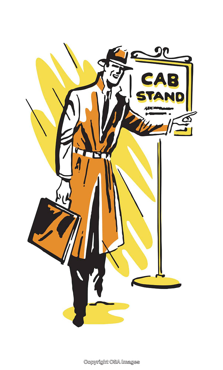 Retro Illustration of a Man at a Cab Stand with Briefcase