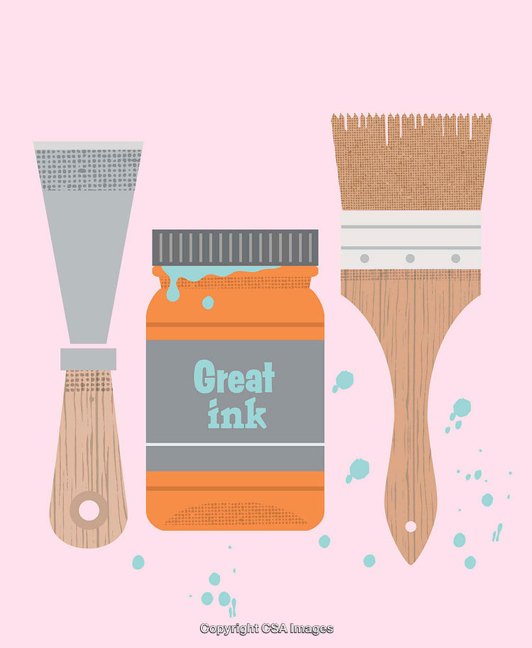 Colorful Art Tools Illustration Featuring Brushes and Ink Against Pastel Background