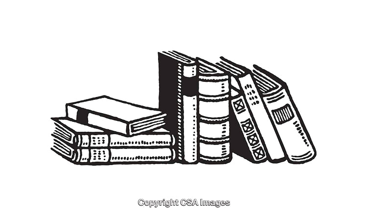 Black and White Illustration of Classic Books on a Shelf