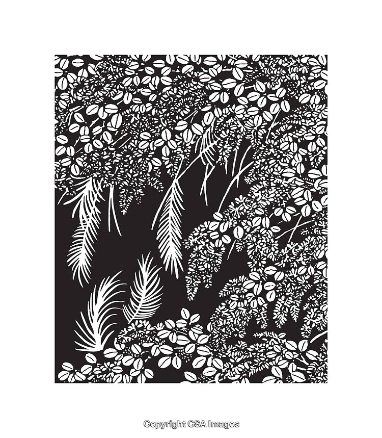 Black and White Botanical Line Art Illustration with Dense Foliage