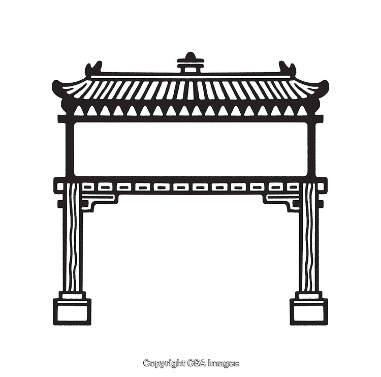 Black and White Line Art Depicting Traditional Asian Architectural Gate