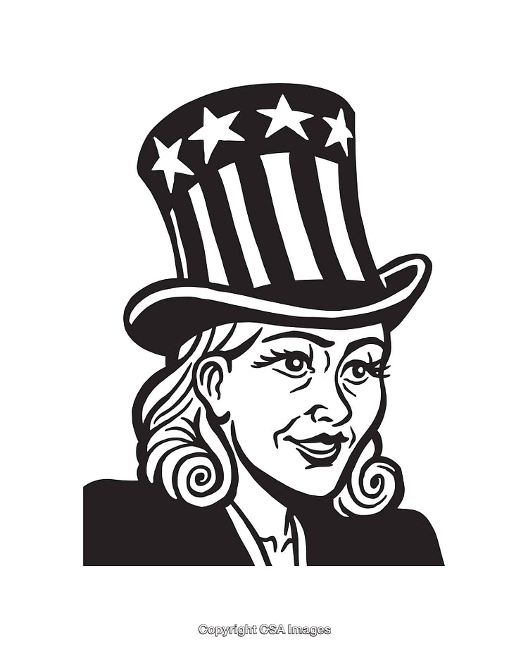 Patriotic Line Art of Woman in Star-Decorated Top Hat