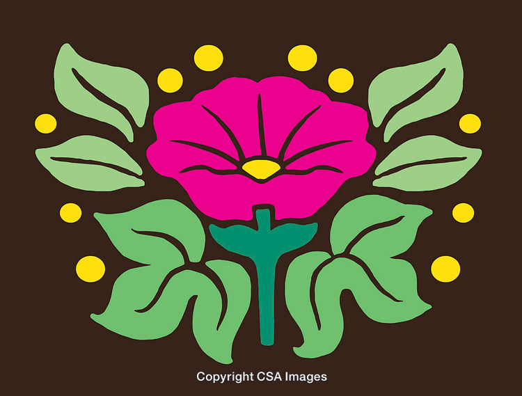 Colorful Pink Flower Illustration with Decorative Leaves and Yellow Dots