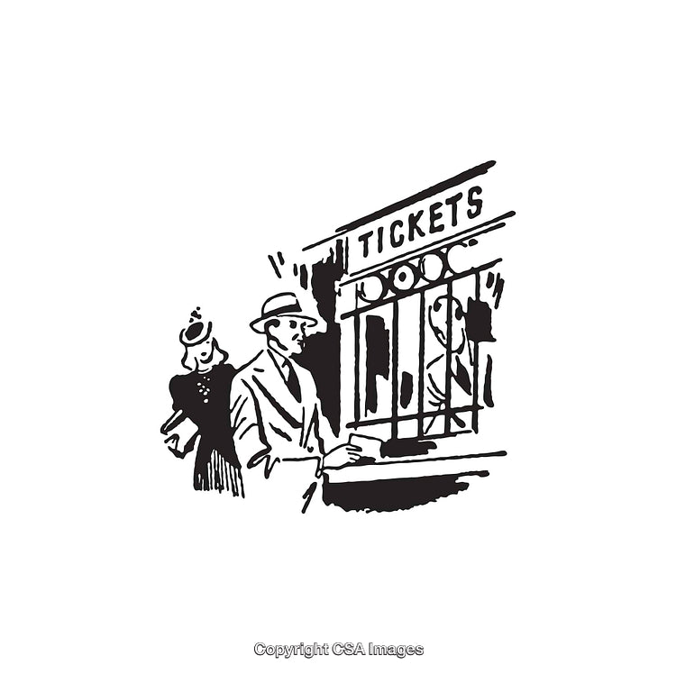 Vintage Black and White Illustration of People Buying Tickets