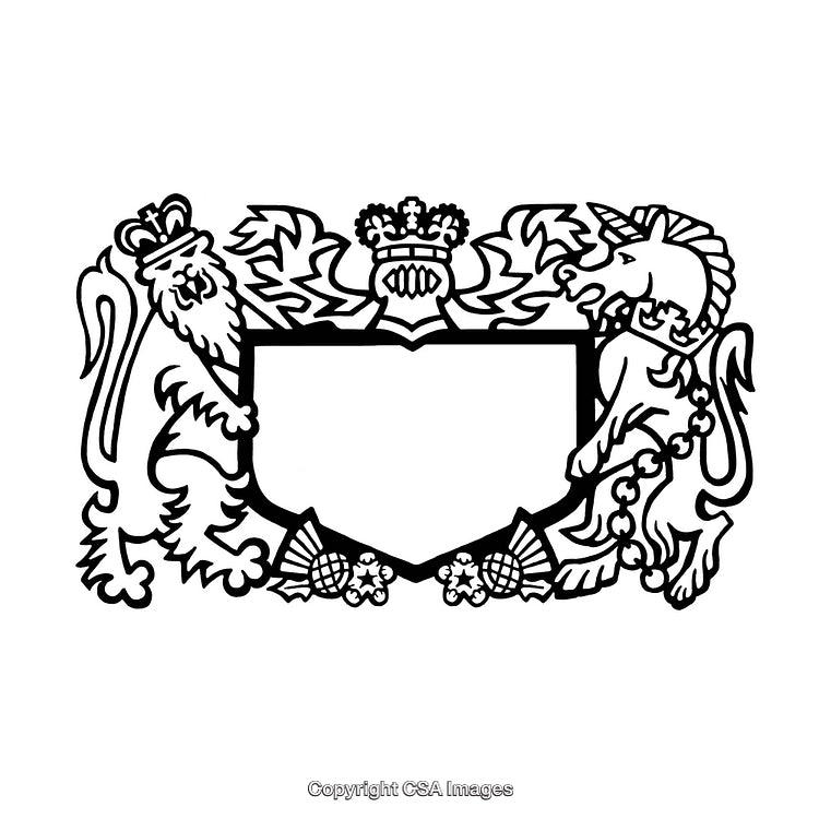 Ornate Royal Border Design Featuring Lion and Unicorn Motifs in Black and White