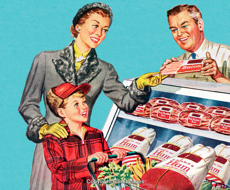 Retro Illustration of Family Grocery Shopping at Meat Counter