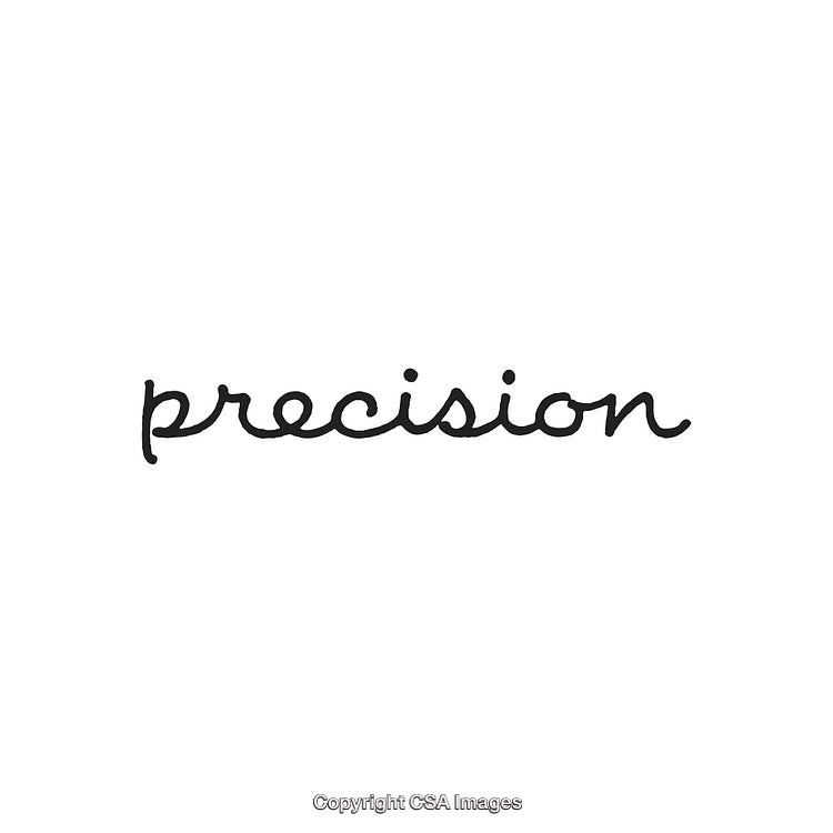 Handwritten Word 'Precision' Styled in Elegant Black Script on White Background