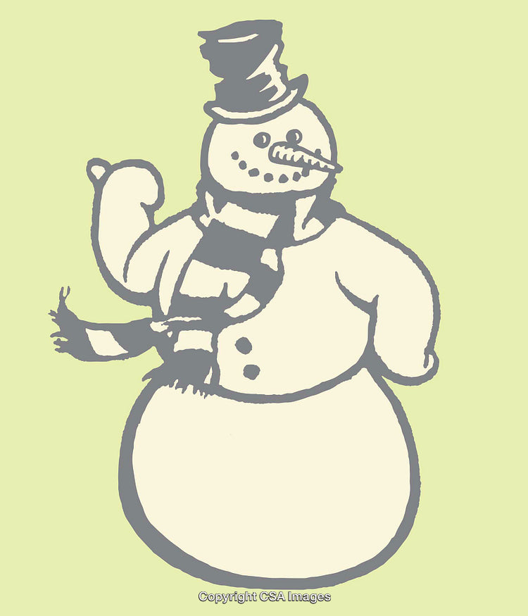Charming Vintage Snowman Illustration in Top Hat and Scarf on Green