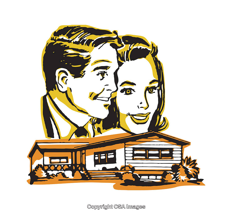 Retro Styled Illustration of Smiling Couple with Cozy Home Scene