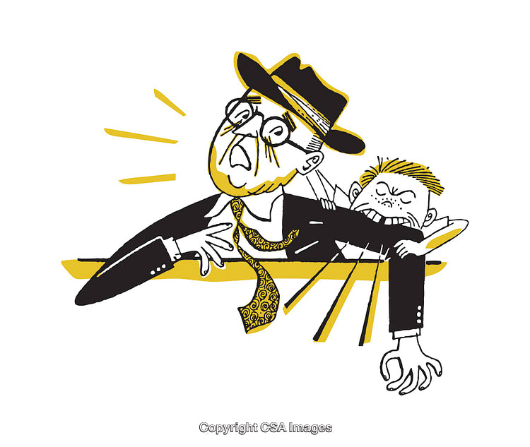 Humorous Cartoon of a Child Biting a Surprised Man's Arm