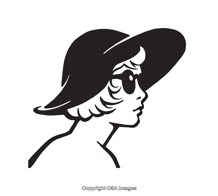 Black and White Line Art of Woman in Hat Wearing Sunglasses