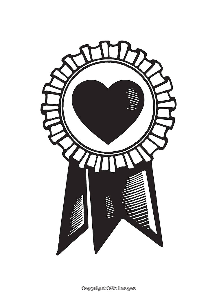 Black and White Heart Rosette Ribbon Line Art Illustration