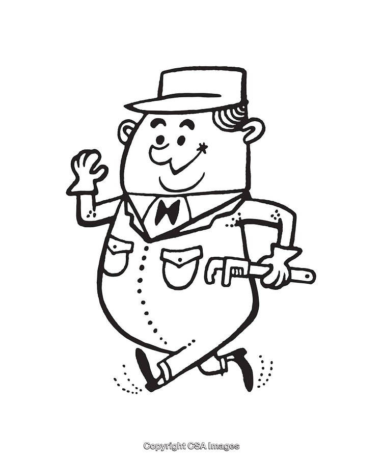 Black and White Line Art of a Cheerful Worker Holding a Wrench
