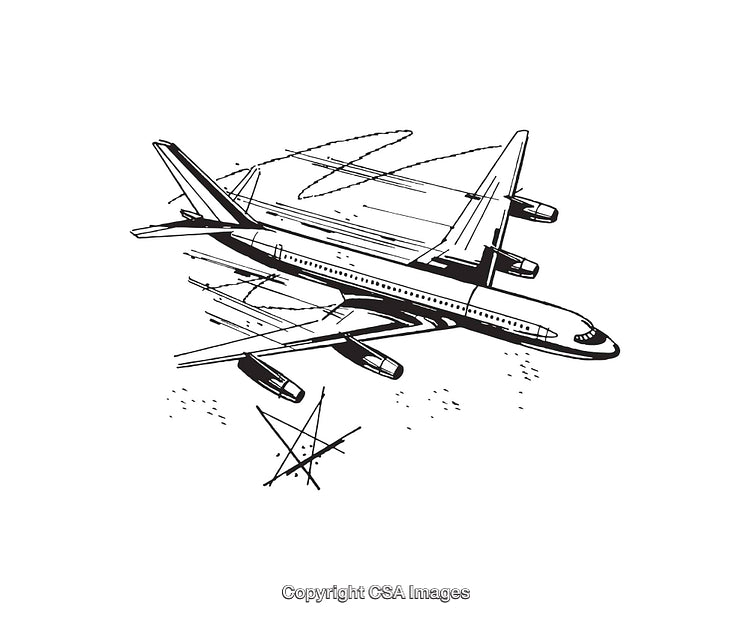Black and White Line Art of Passenger Airplane in Flight