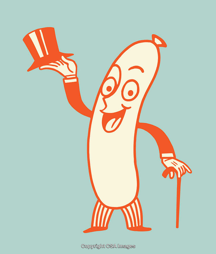 Charming Cartoon Sausage Mascot Waving and Smiling in Retro Style Illustration