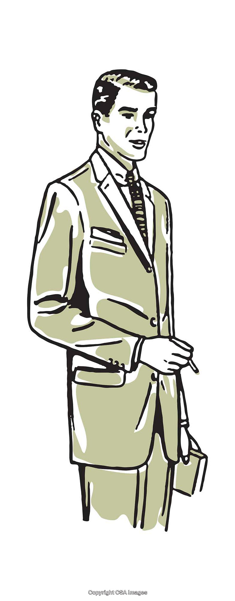 Stylish Mid-Century Businessman Illustration in Classic Attire Holding a Briefcase