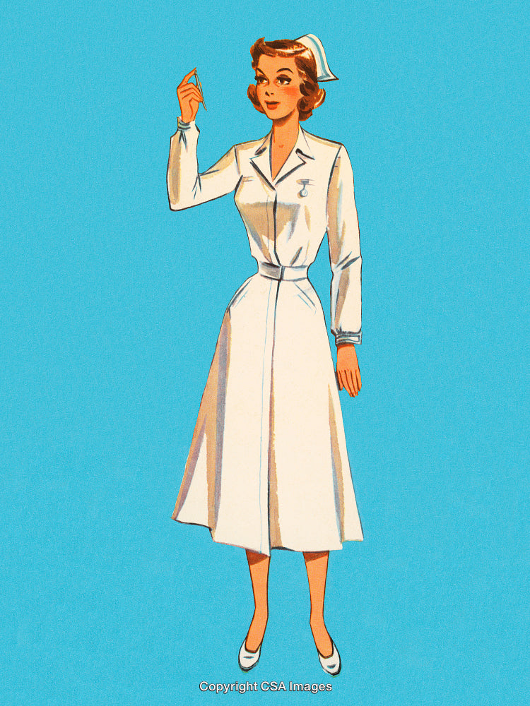Vintage Illustration of a Nurse in Uniform Against Blue Background