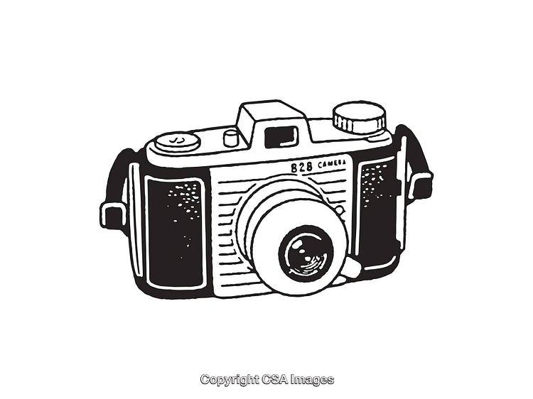 Black and White Line Art Illustration of a Vintage Camera