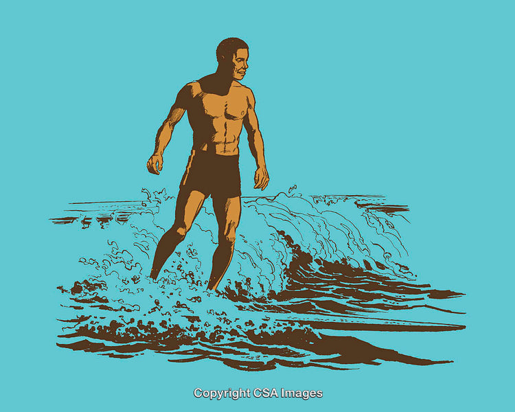 Vintage Illustration of Man Walking Through Ocean Waves in Bold Line Art