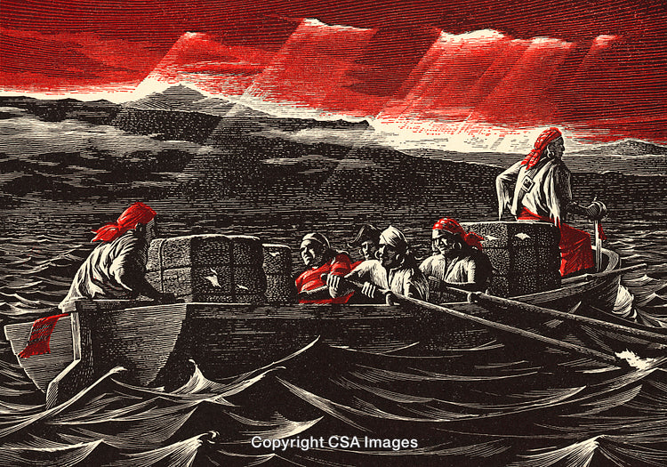 Historical Maritime Scene Depicting Smugglers on a Rowboat at Sea
