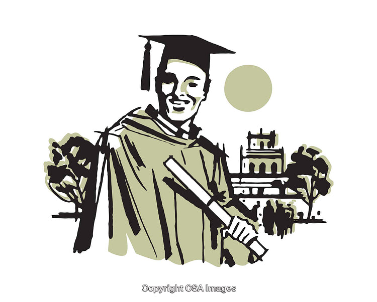 Joyful Graduate Holding Diploma in Front of University Campus Illustration