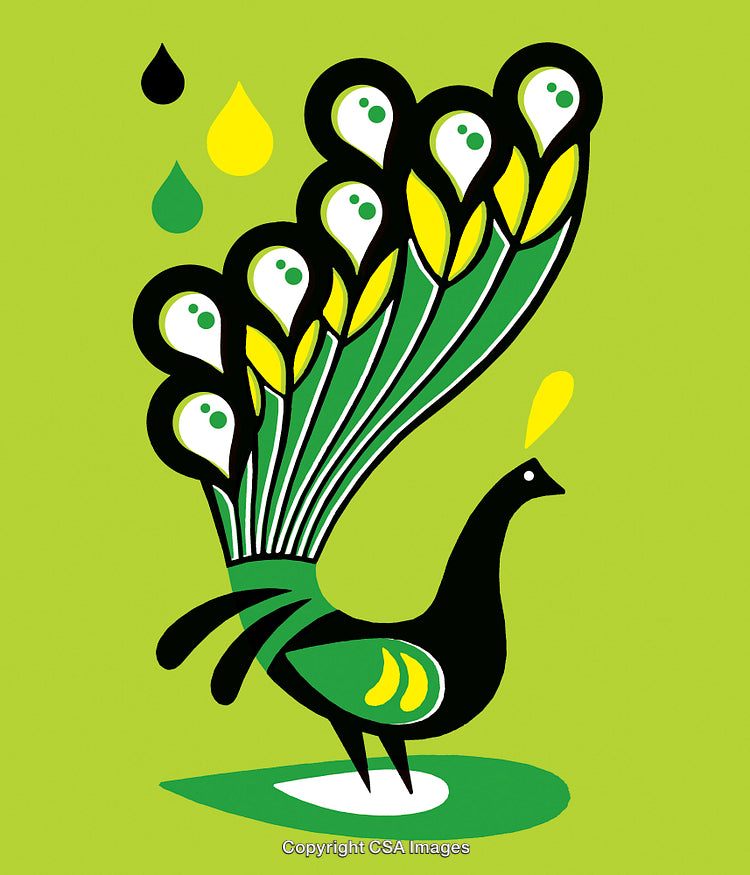 Vibrant Green Stylized Peacock Illustration With Abstract Decorative Patterns
