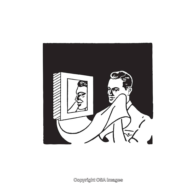 Black and White Illustration of Man Looking at Himself in a Mirror