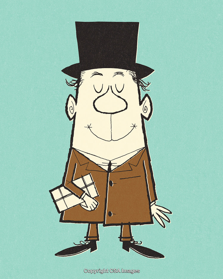 Stylized Cartoon Man in a Suit and Top Hat Holding a Gift Box