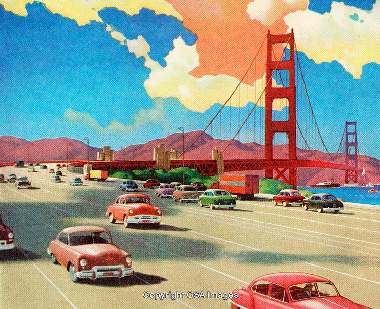Historic Artwork of Traffic on Golden Gate Bridge Under Vibrant Colored Sky