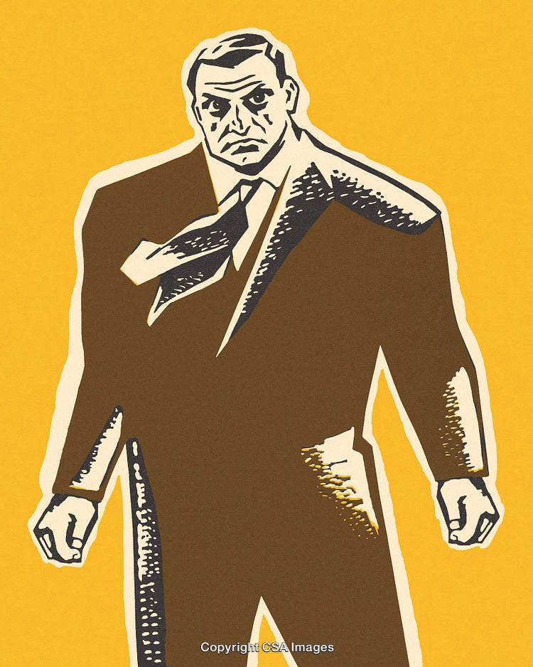 Retro Styled Illustration of a Serious Businessman in a Suit on Yellow Background