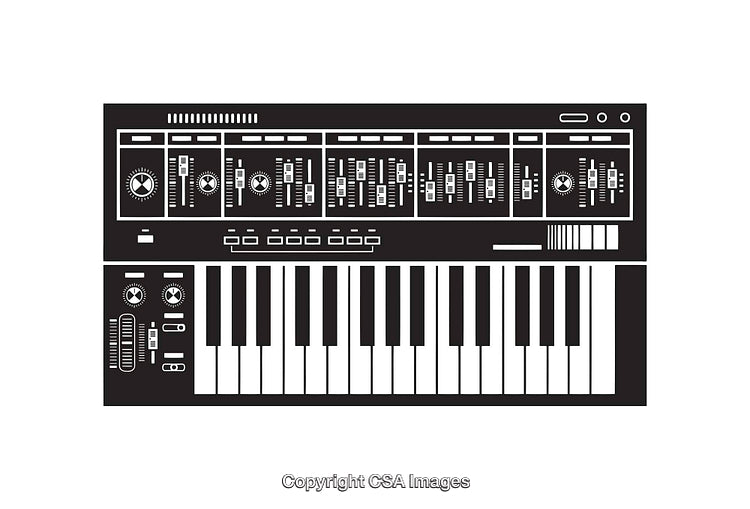 Stylized Black and White Illustration of a Synthesizer Keyboard